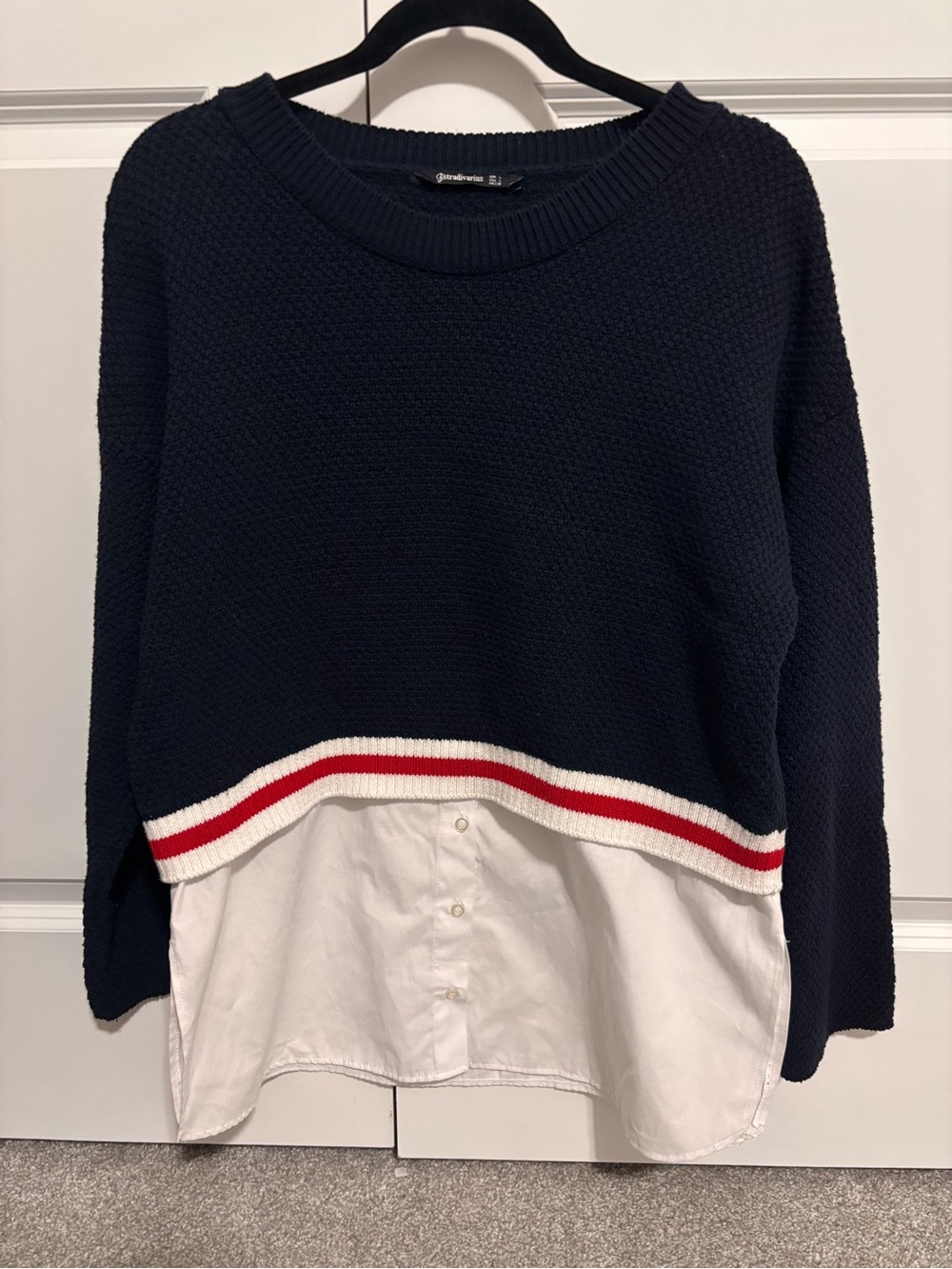 stradivarius Navy Layered-Look Crew Sweater with White Hem and Red Stripe
